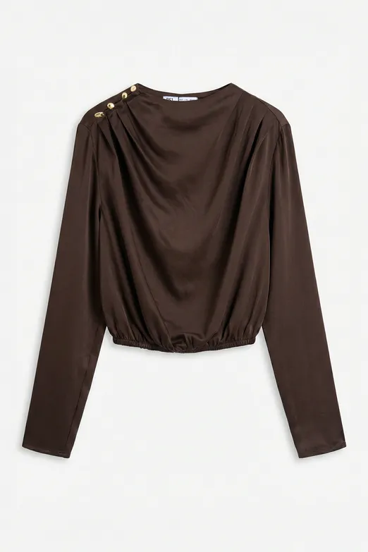 Bayan Kahverengi Saten Pileli Crop Bluz - BSL
