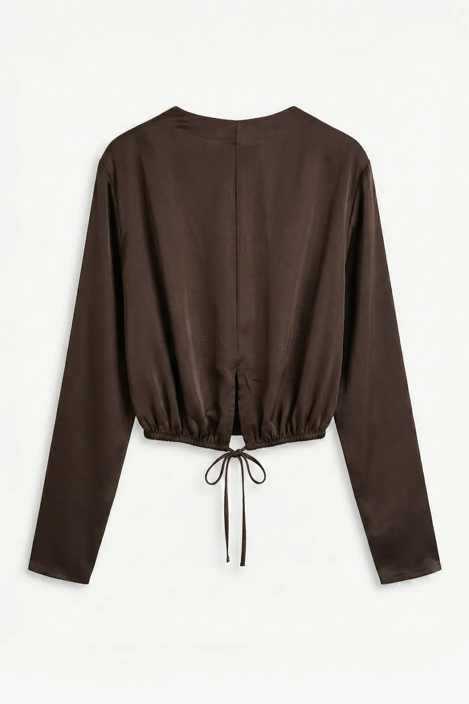 Bayan Kahverengi Saten Pileli Crop Bluz