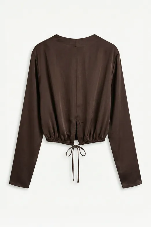 Bayan Kahverengi Saten Pileli Crop Bluz - BSL