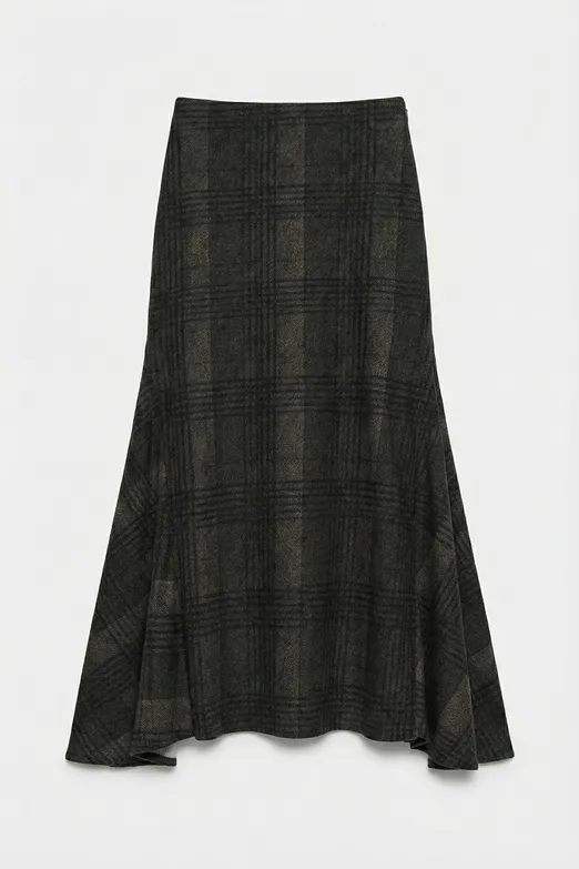 Bayan Haki Ekoseli Volanlı Midi Etek - BSL