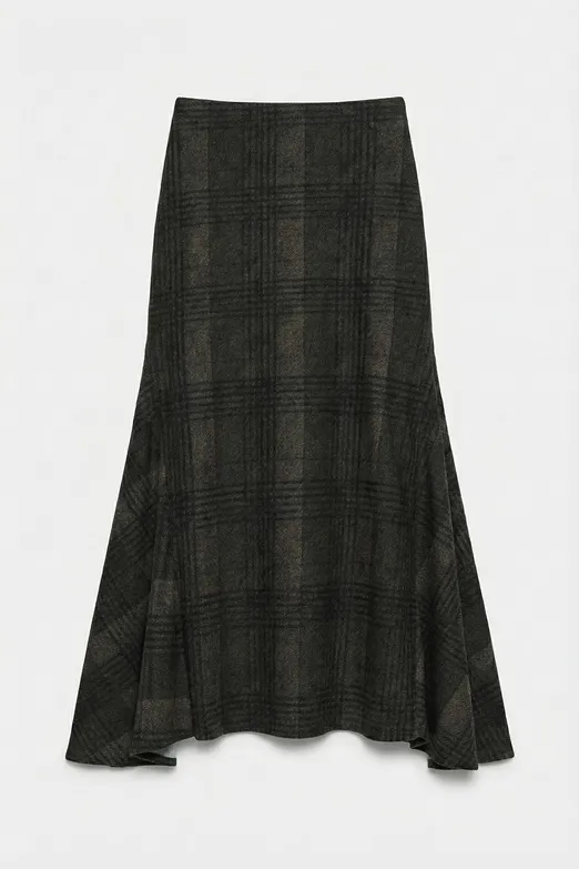 Bayan Haki Ekoseli Volanlı Midi Etek - BSL