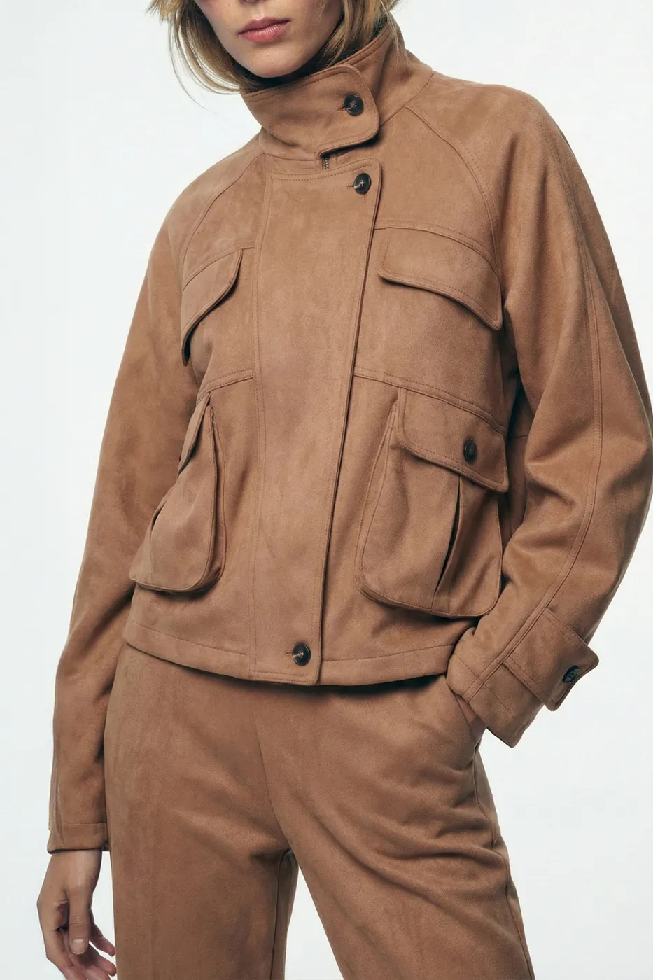 Bayan Camel Cepli Süet Mont