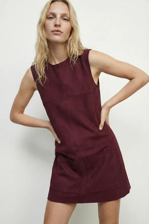 Bayan Bordo Süet Görünümlü Mini Jile Elbise - BSL