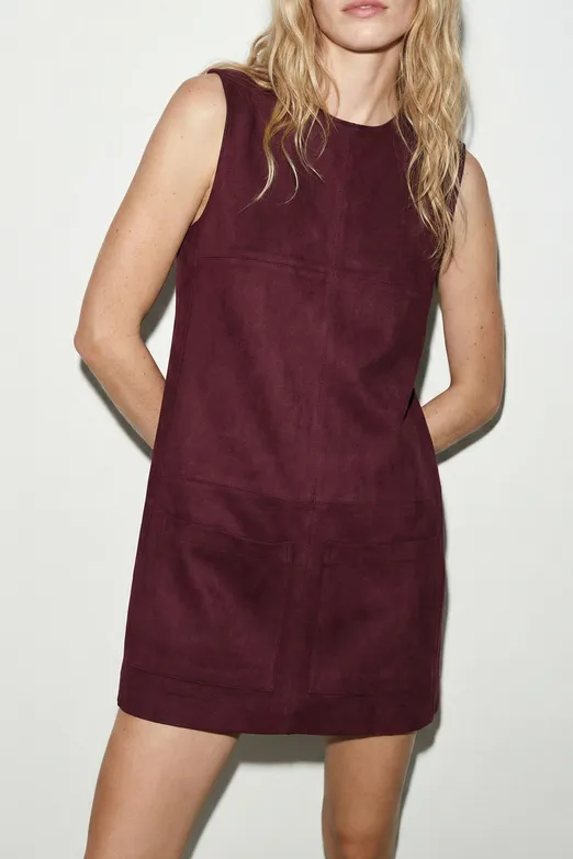 Bayan Bordo Süet Görünümlü Mini Jile Elbise - BSL