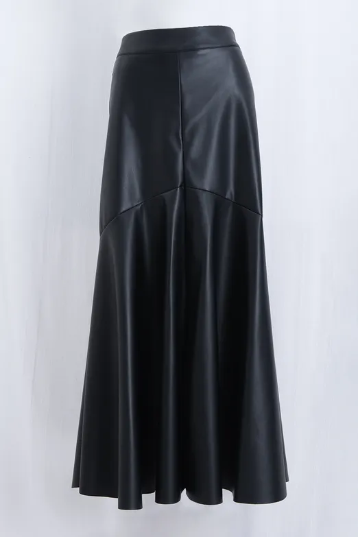 Bayan Siyah Volanlı Deri Midi Etek - BSL