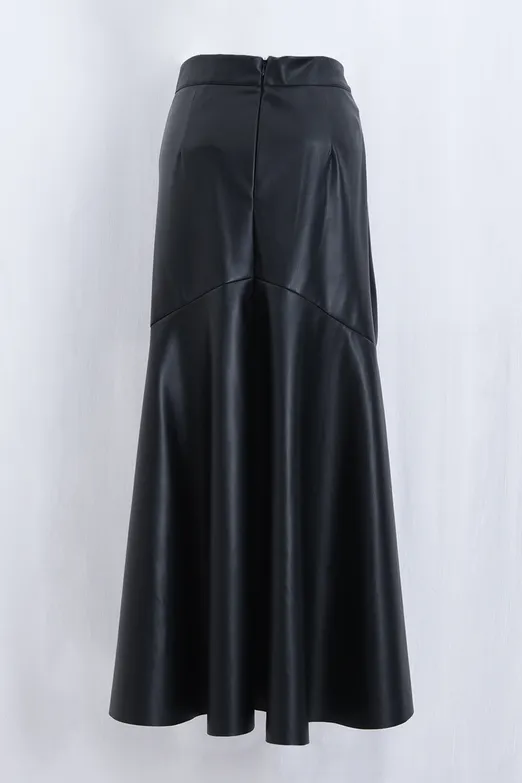 Bayan Siyah Volanlı Deri Midi Etek - BSL