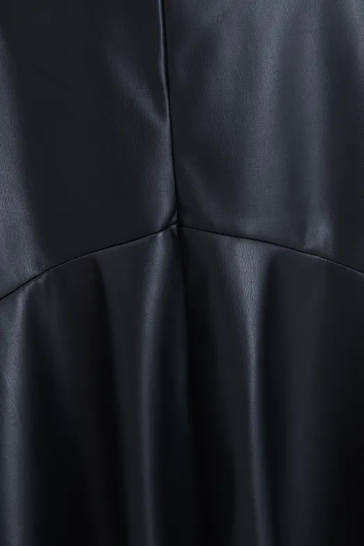 Bayan Siyah Volanlı Deri Midi Etek - BSL