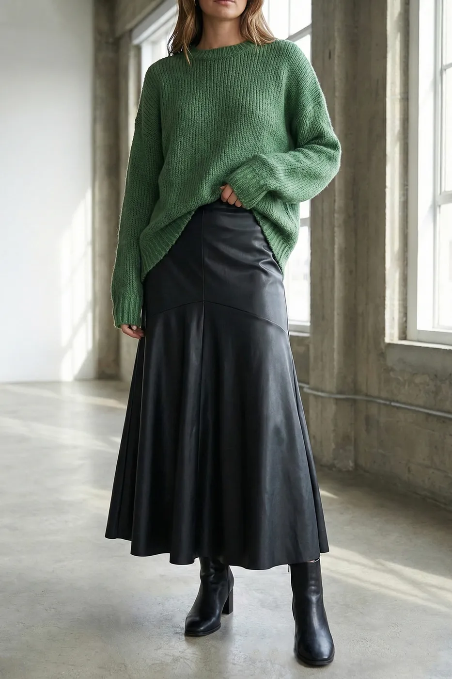 Bayan Siyah Volanlı Deri Midi Etek