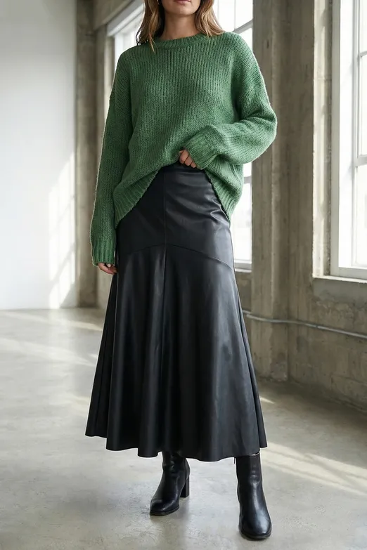 Bayan Siyah Volanlı Deri Midi Etek - BSL