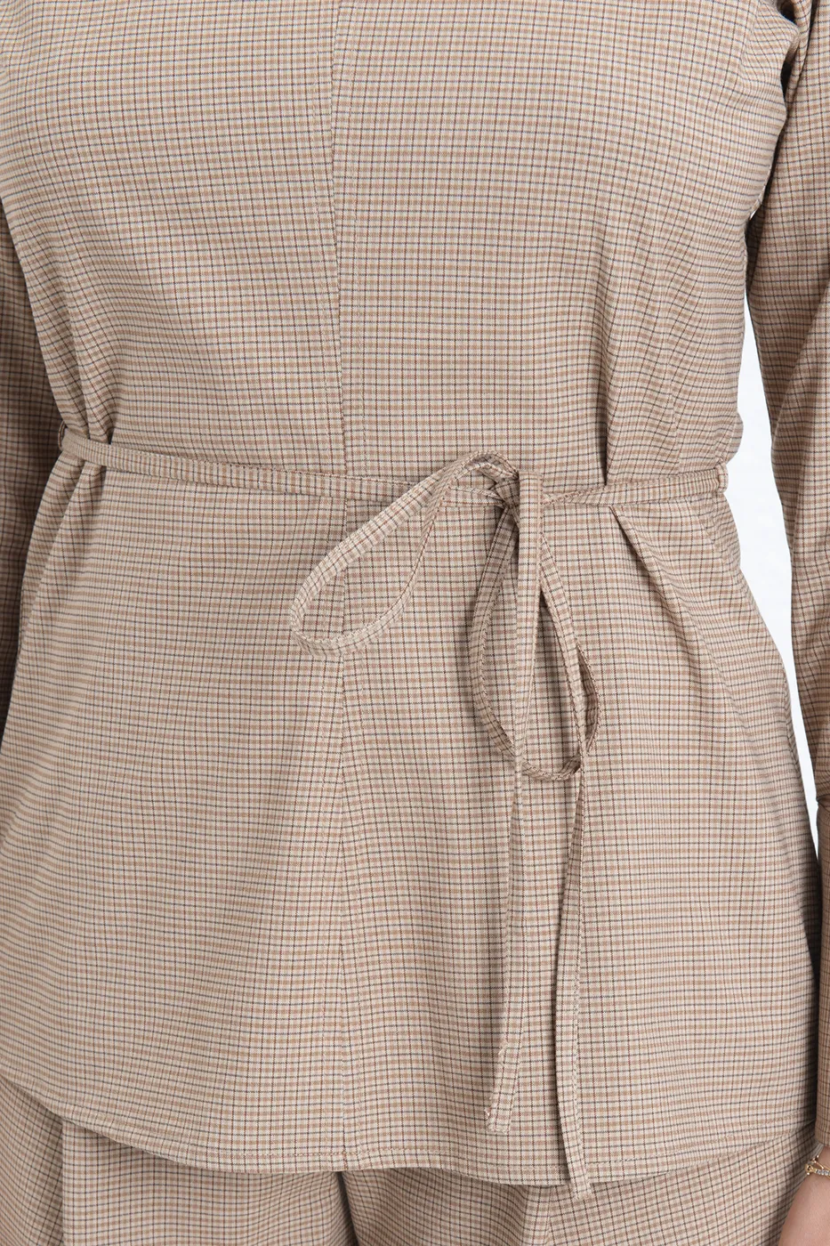 Bayan Kahverengi Yuvarlak Yaka Kemerli Bluz