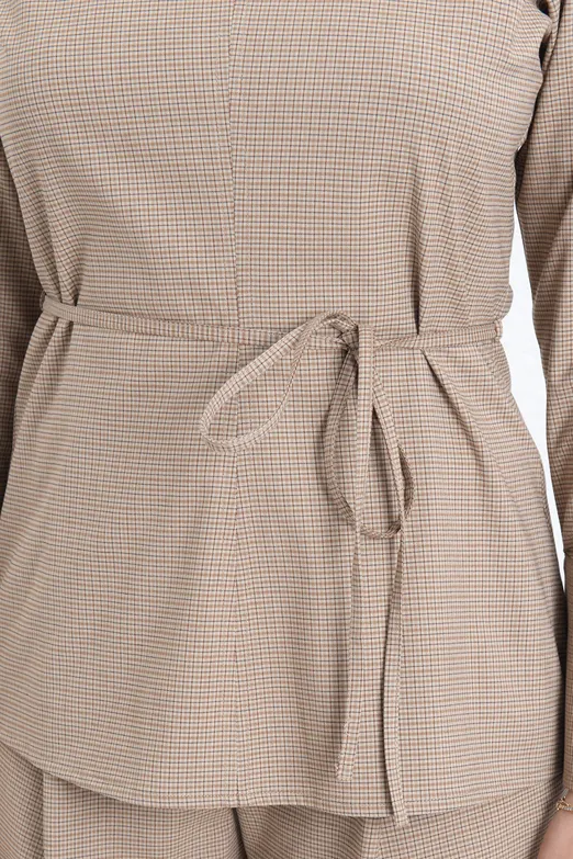 Bayan Kahverengi Yuvarlak Yaka Kemerli Bluz - BSL