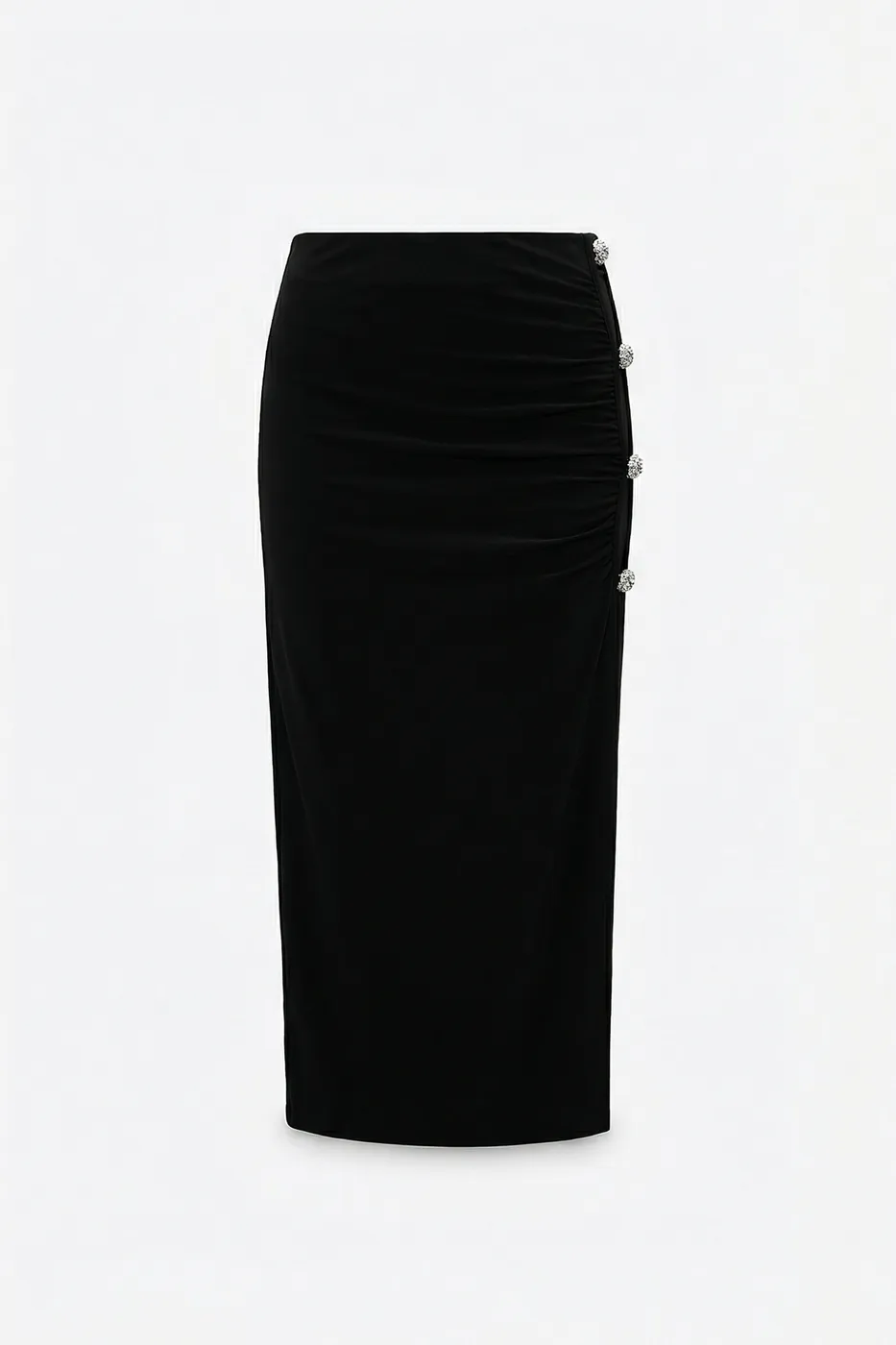Bayan Siyah Özel Taş Aksesuarlı Midi Dar Etek