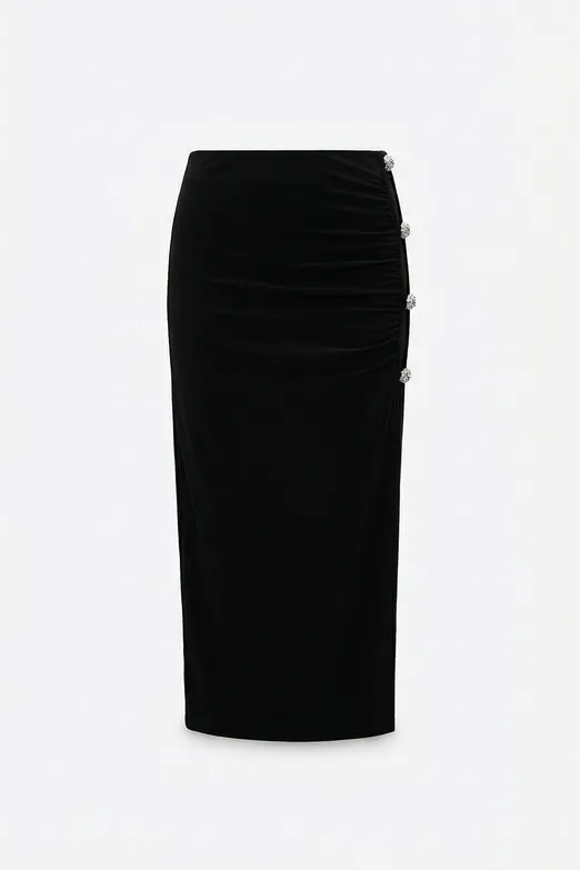Bayan Siyah Özel Taş Aksesuarlı Midi Dar Etek - BSL