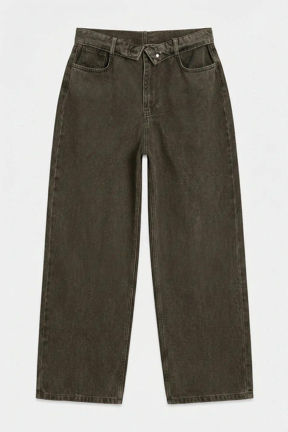 Bayan Haki Dışa Katlanır Kemer Detaylı Boyalı Denim Pantolon