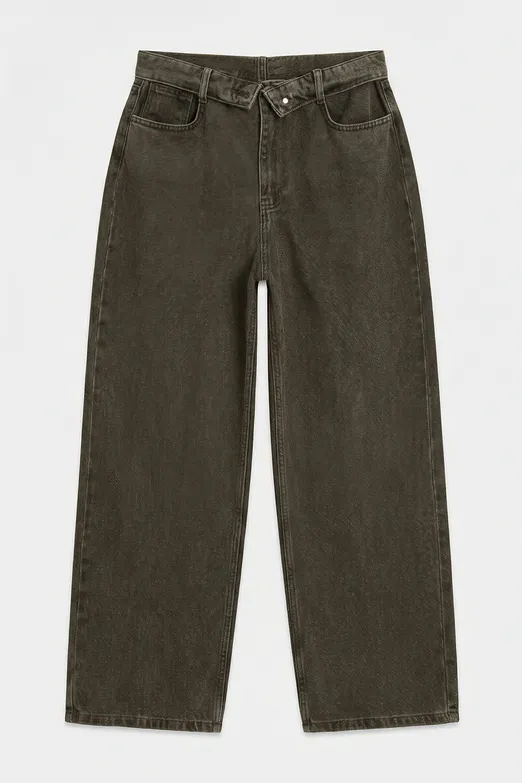 Bayan Haki Dışa Katlanır Kemer Detaylı Boyalı Denim Pantolon - BSL