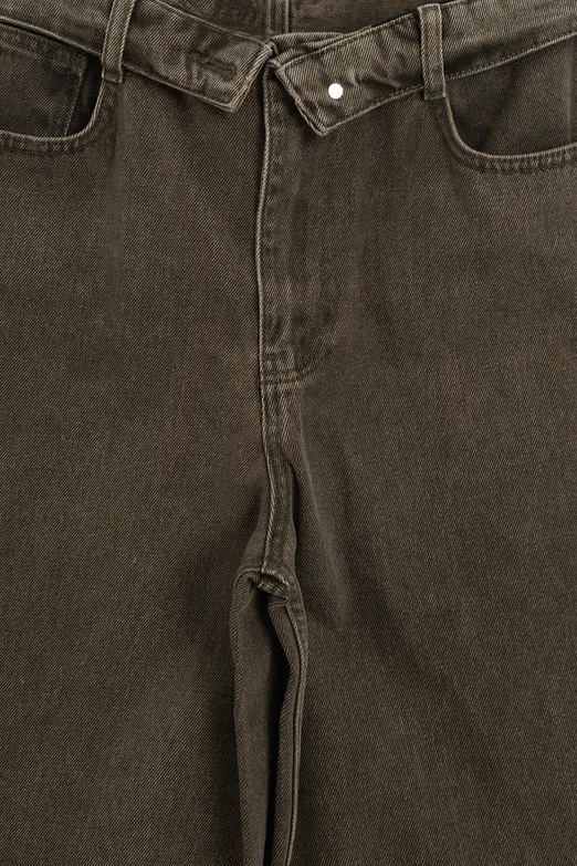 Bayan Haki Dışa Katlanır Kemer Detaylı Boyalı Denim Pantolon - BSL