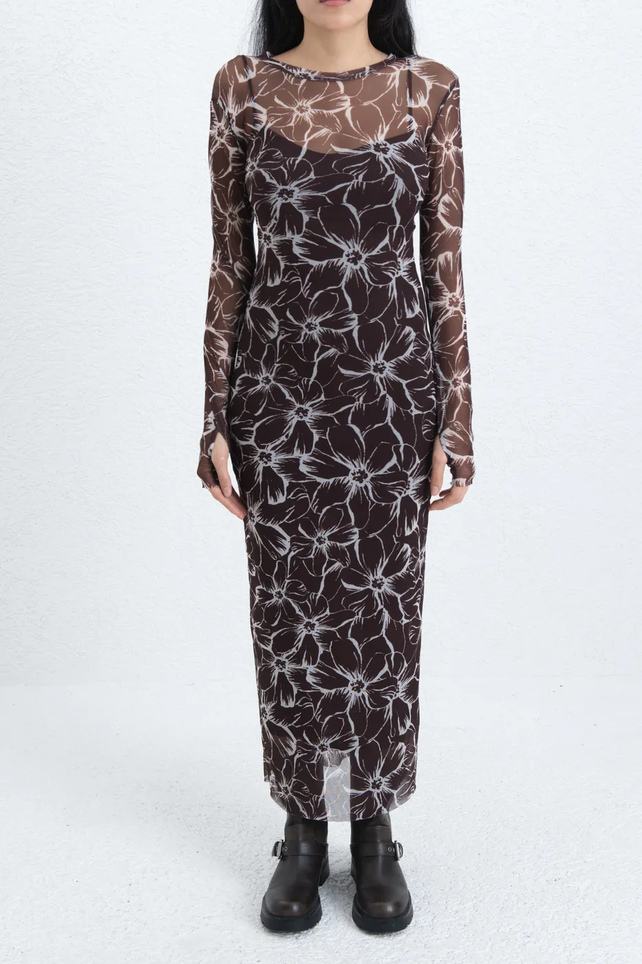 Bayan Kahverengi Astarlı Tül Slim Fit Midi Elbise