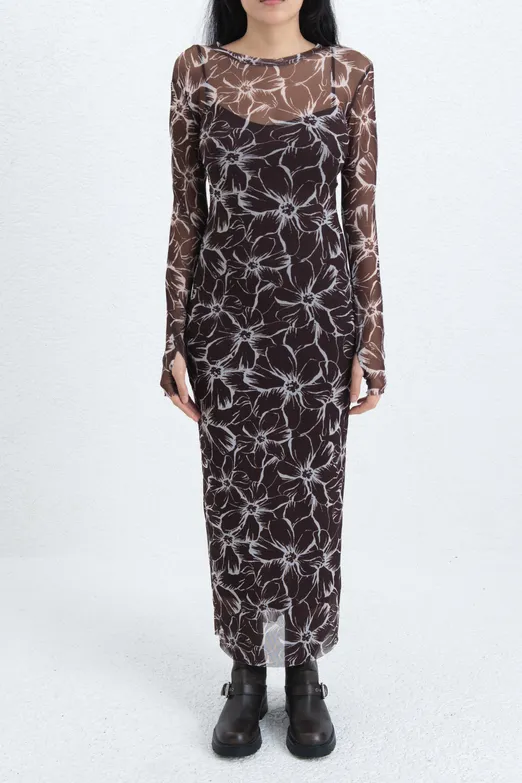 Bayan Kahverengi Astarlı Tül Slim Fit Midi Elbise - BSL