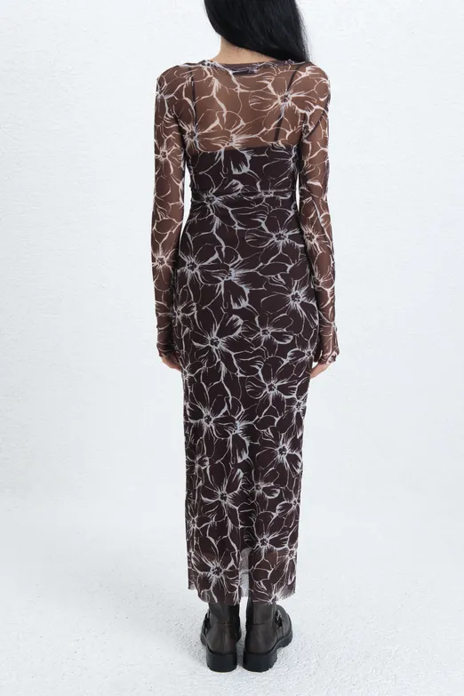 Bayan Kahverengi Astarlı Tül Slim Fit Midi Elbise - BSL