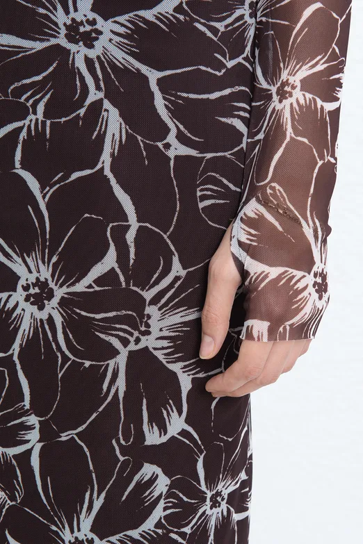 Bayan Kahverengi Astarlı Tül Slim Fit Midi Elbise - BSL