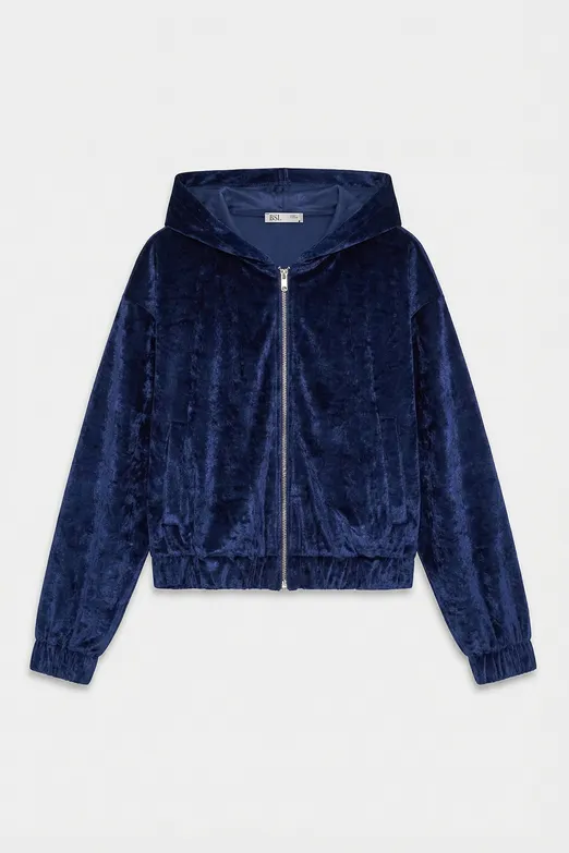 Bayan Lacivert Kapüşonlu Kadife Sweatshirt - BSL