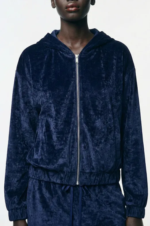 Bayan Lacivert Kapüşonlu Kadife Sweatshirt - BSL