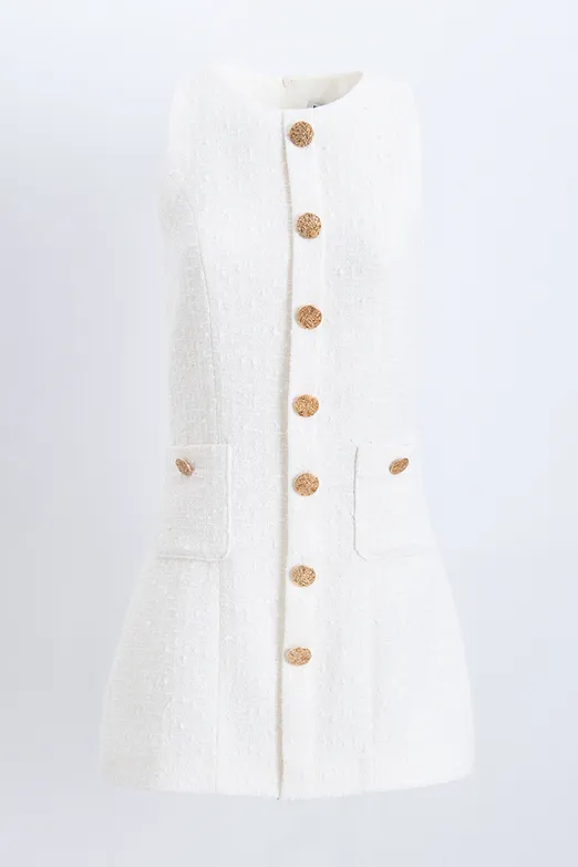 Bayan Ekru Düğme Detaylı Mini Elbise - BSL