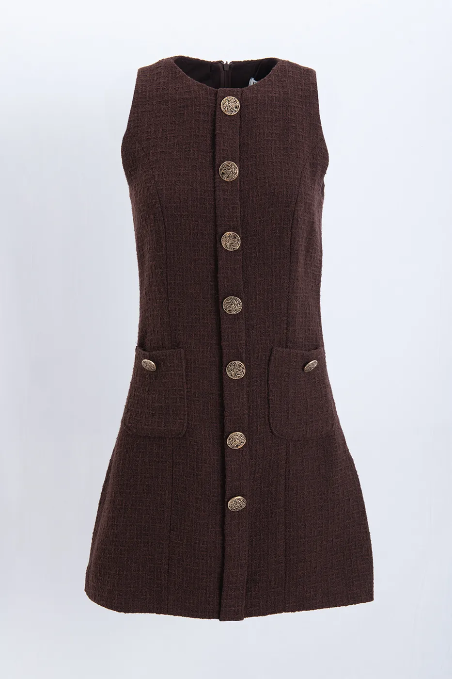 Bayan Kahverengi Düğme Detaylı Mini Elbise