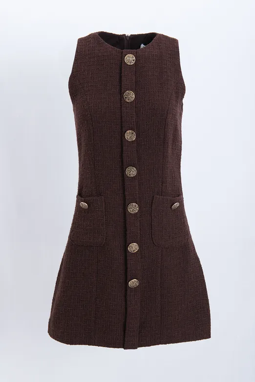 Bayan Kahverengi Düğme Detaylı Mini Elbise - BSL