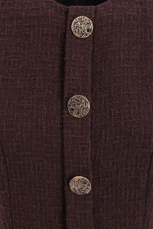 Bayan Kahverengi Düğme Detaylı Mini Elbise - BSL