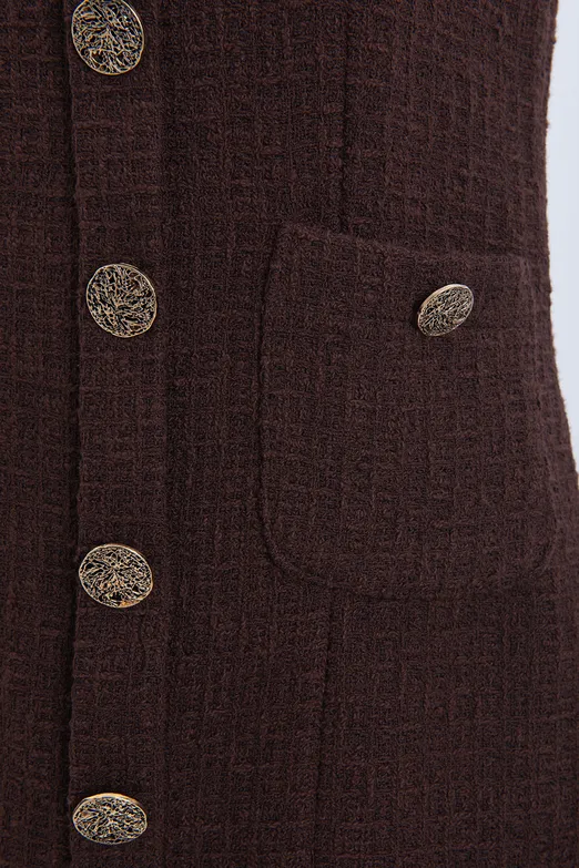 Bayan Kahverengi Düğme Detaylı Mini Elbise - BSL