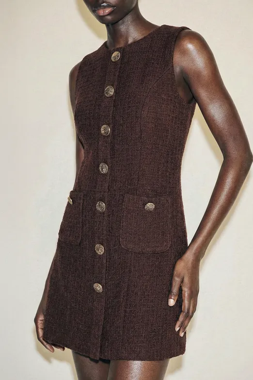 Bayan Kahverengi Düğme Detaylı Mini Elbise - BSL