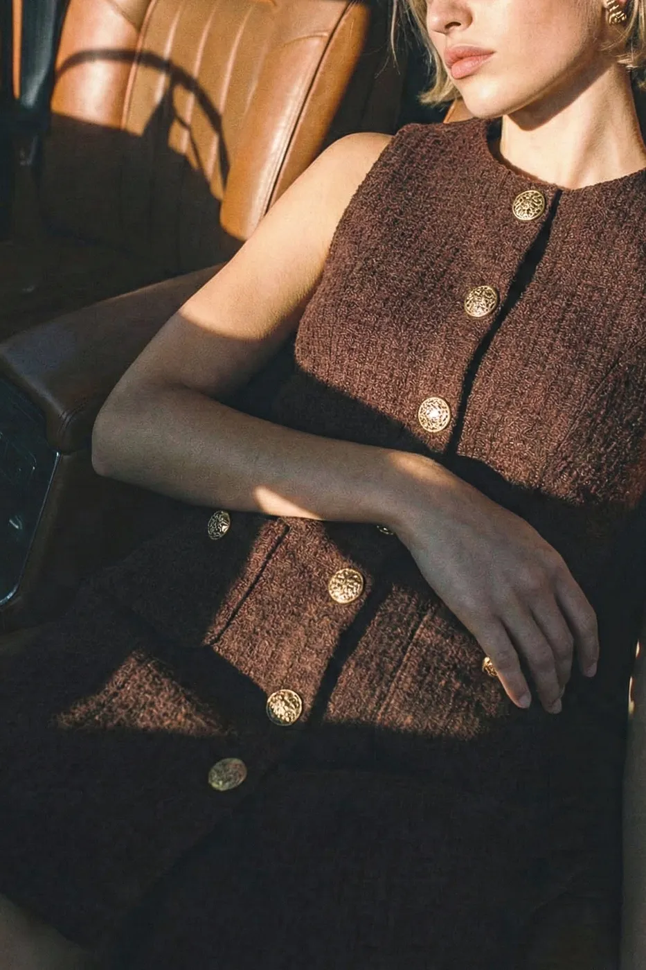 Bayan Kahverengi Düğme Detaylı Mini Elbise