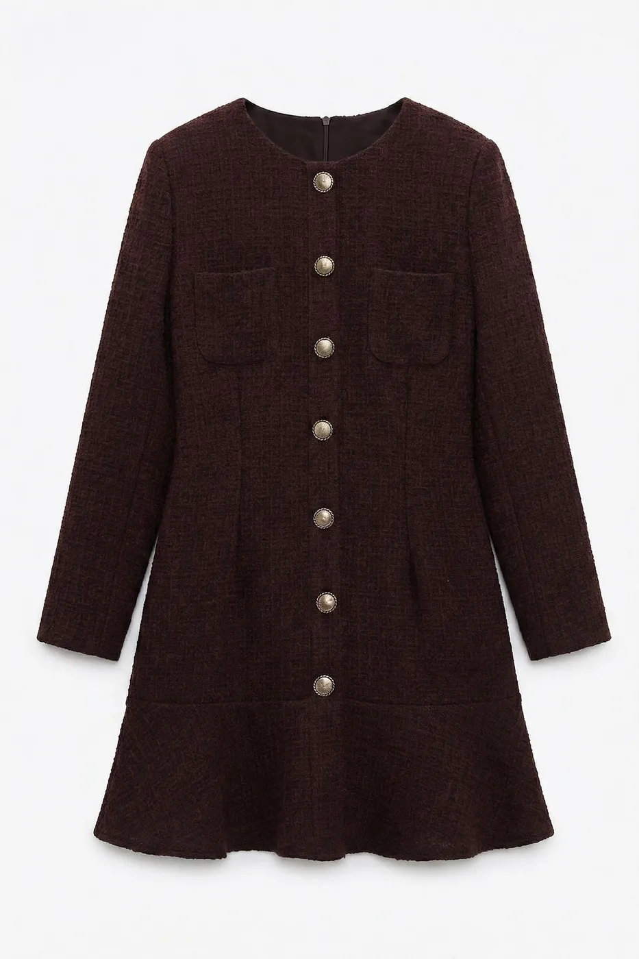 Bayan Kahverengi Düğmeli Tüvit Mini Elbise