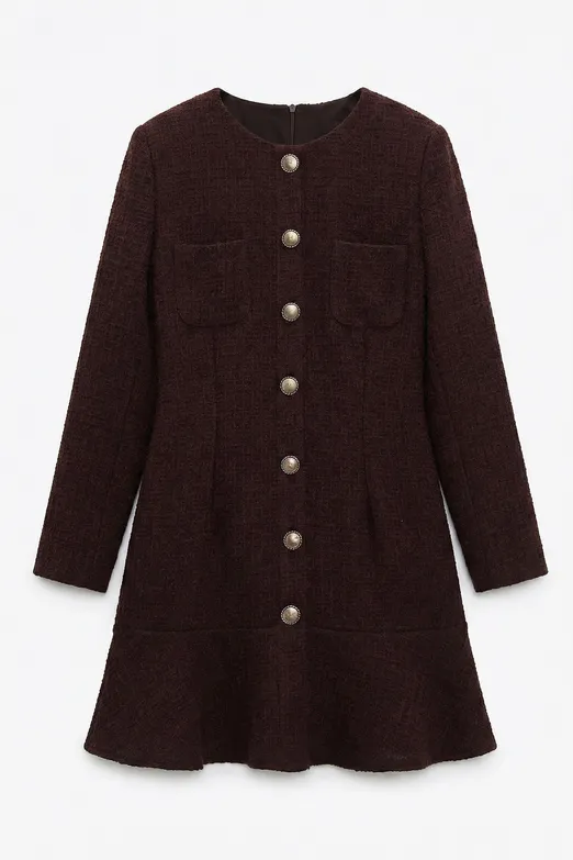 Bayan Kahverengi Düğmeli Tüvit Mini Elbise - BSL