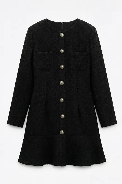 Bayan Siyah Düğmeli Tüvit Mini Elbise - BSL