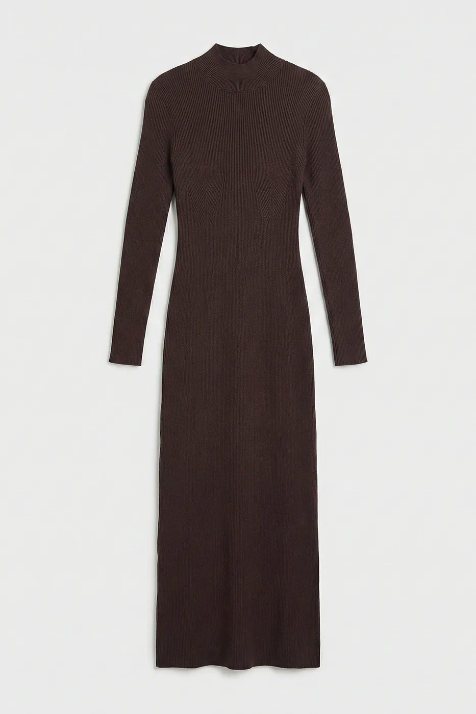 Bayan Kahverengi Dik Yakalı Triko Uzun Kalem Elbise