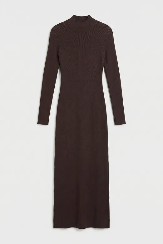 Bayan Kahverengi Dik Yakalı Triko Uzun Kalem Elbise - BSL