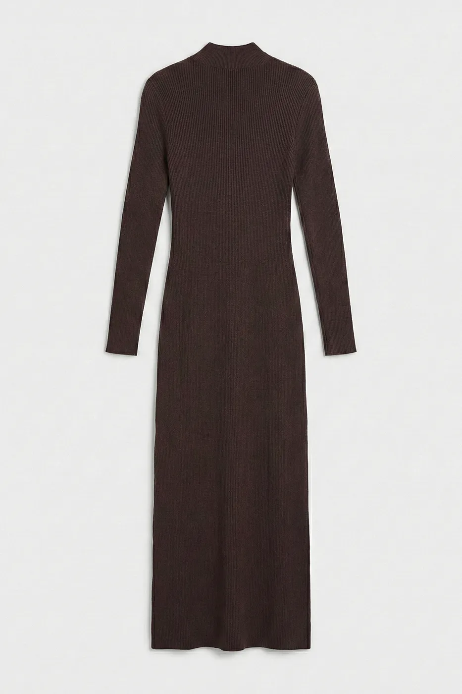 Bayan Kahverengi Dik Yakalı Triko Uzun Kalem Elbise