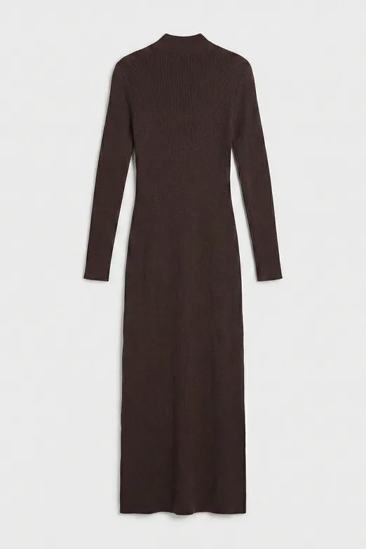 Bayan Kahverengi Dik Yakalı Triko Uzun Kalem Elbise - BSL
