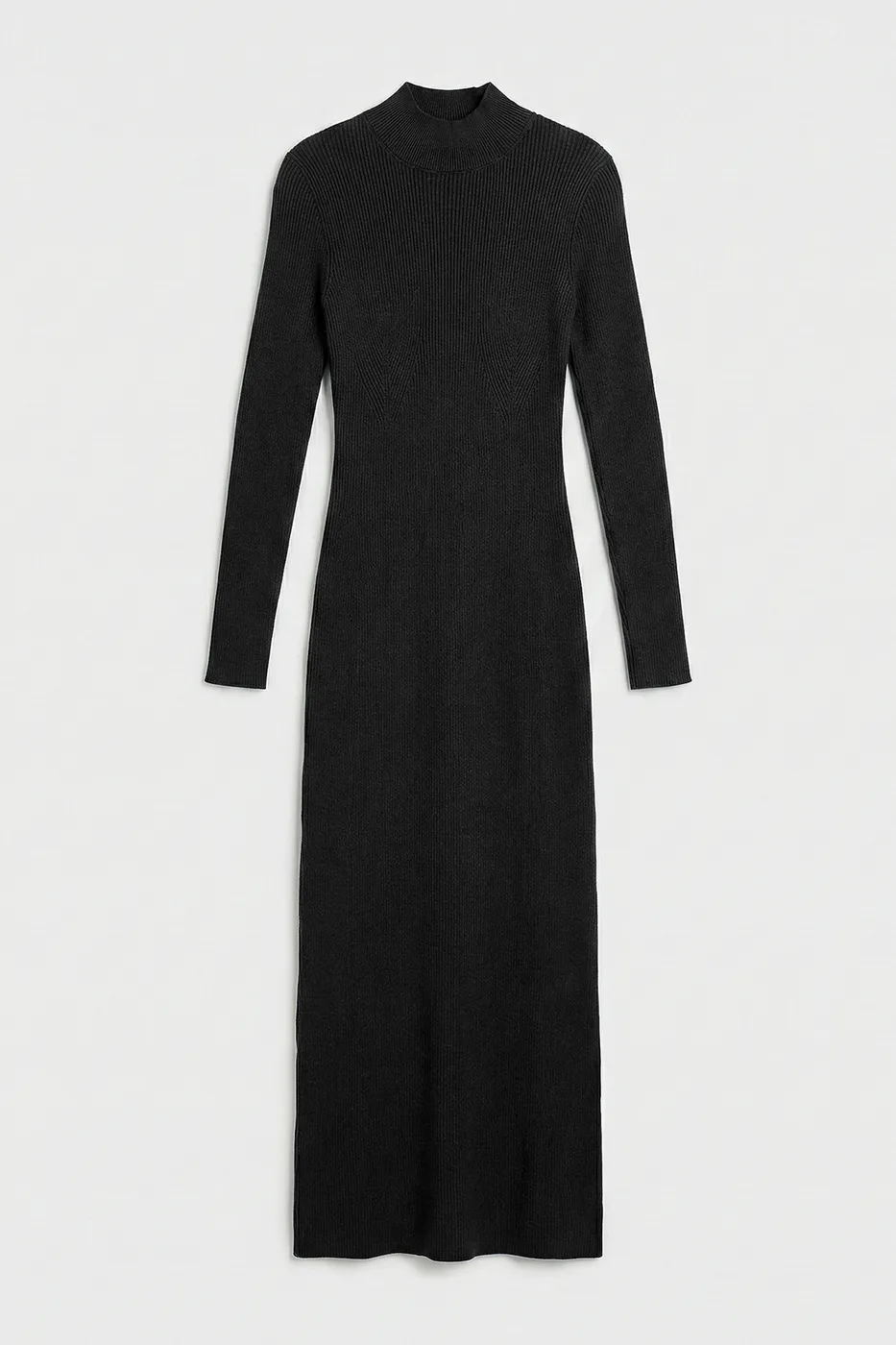 Bayan Siyah Dik Yakalı Triko Uzun Kalem Elbise