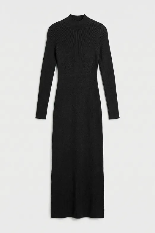 Bayan Siyah Dik Yakalı Triko Uzun Kalem Elbise - BSL