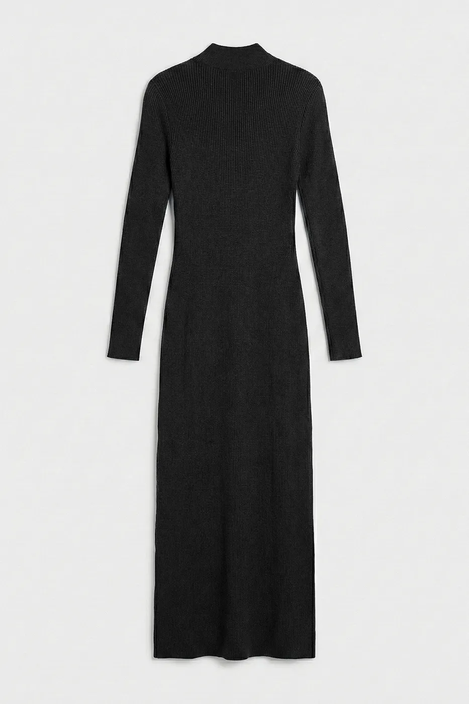 Bayan Siyah Dik Yakalı Triko Uzun Kalem Elbise