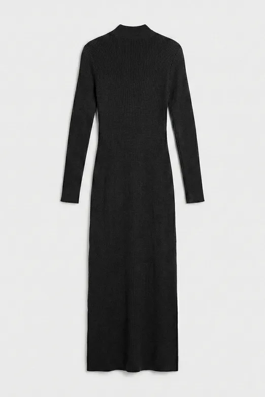 Bayan Siyah Dik Yakalı Triko Uzun Kalem Elbise - BSL