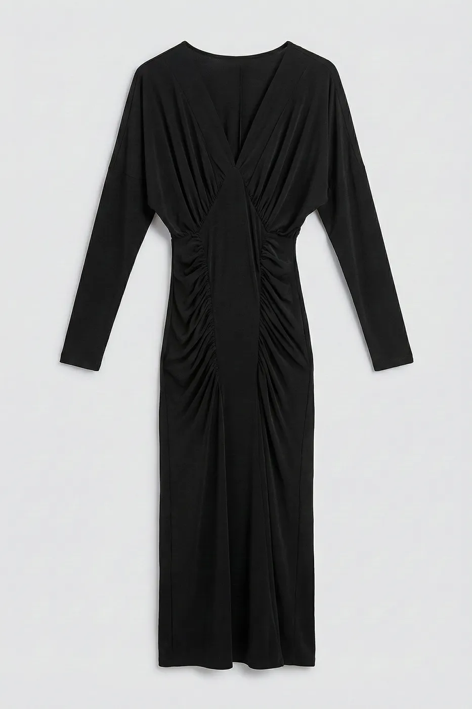 Bayan Siyah Yarasa Kollu Drapeli Maksi Elbise