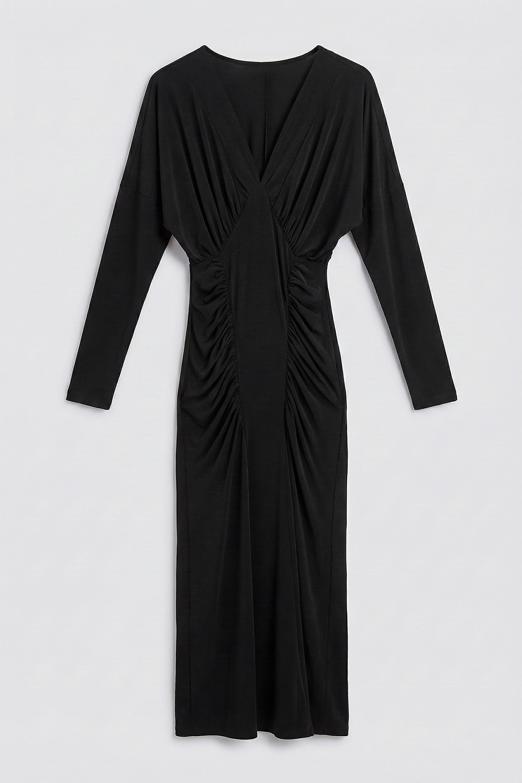 Yarasa Kollu Drapeli Maksi Elbise