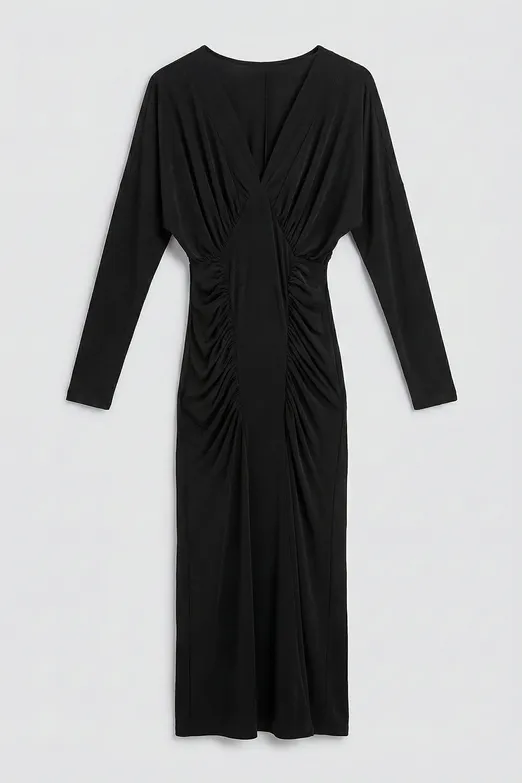 Bayan Siyah Yarasa Kollu Drapeli Maksi Elbise - BSL