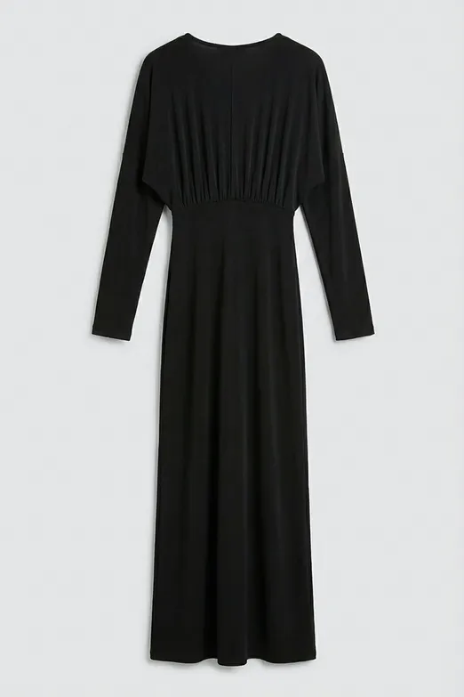 Bayan Siyah Yarasa Kollu Drapeli Maksi Elbise - BSL