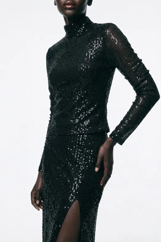 Bayan Siyah Dik Yakalı Pulpayet Bluz - BSL