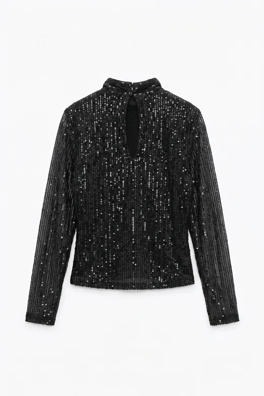 Bayan Siyah Dik Yakalı Pulpayet Bluz - BSL